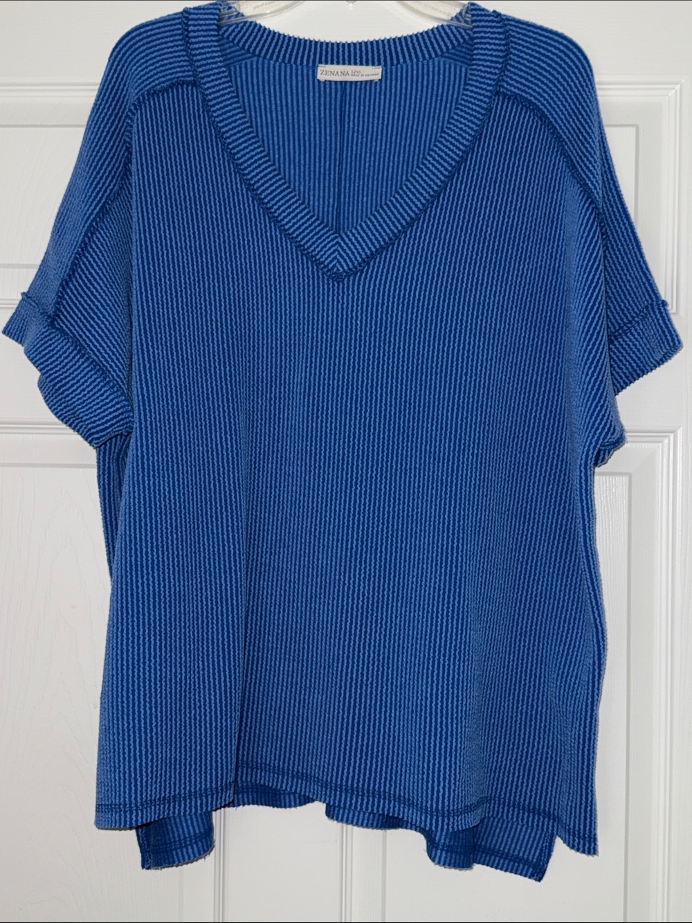 Zenana Royal Blue Ribbed V-Neck Knit Top